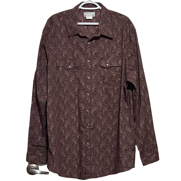 Wrangler Wrancher Shirts Men's Brown Paisley Pearl Snap‎ Long Sleeve Size 2XT - Picture 1 of 4